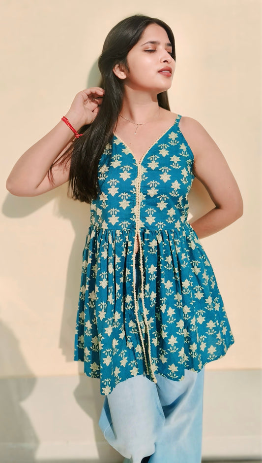 Teal Blue Printed Cotton Peplum Top