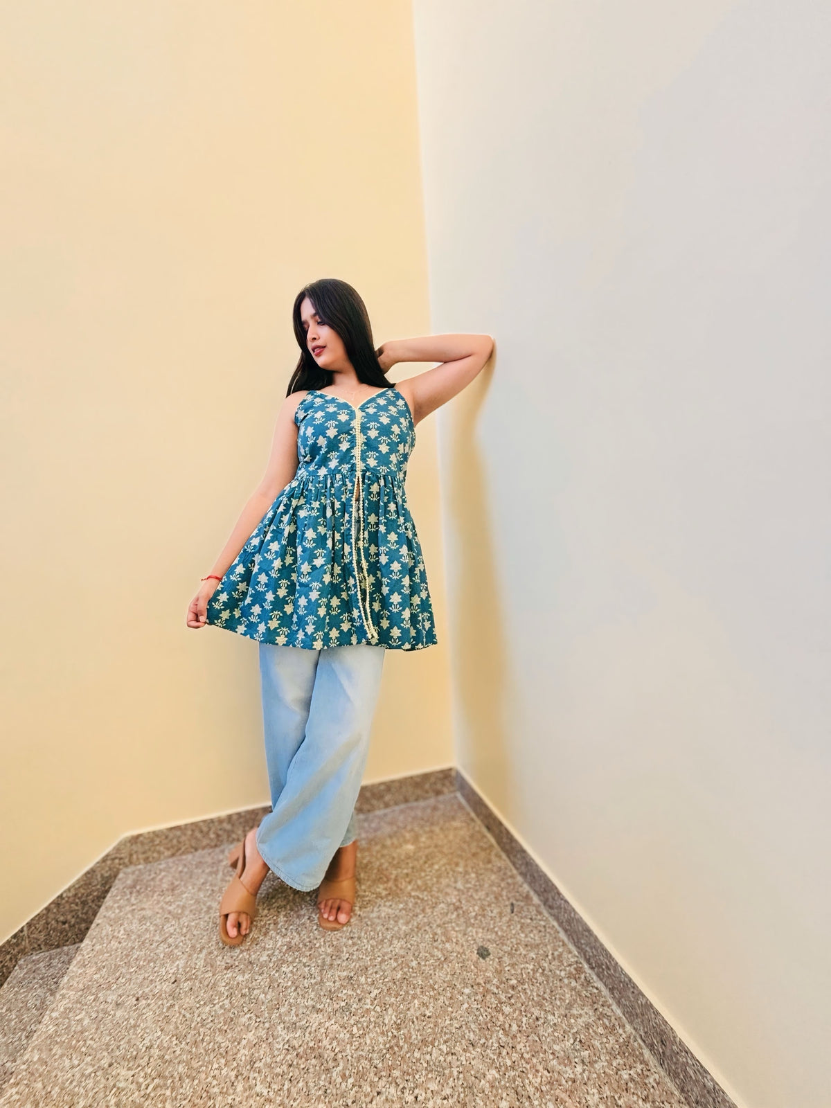 Teal Blue Printed Cotton Peplum Top
