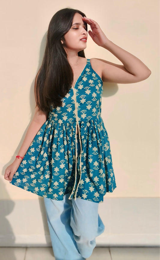 Teal Blue Printed Cotton Peplum Top