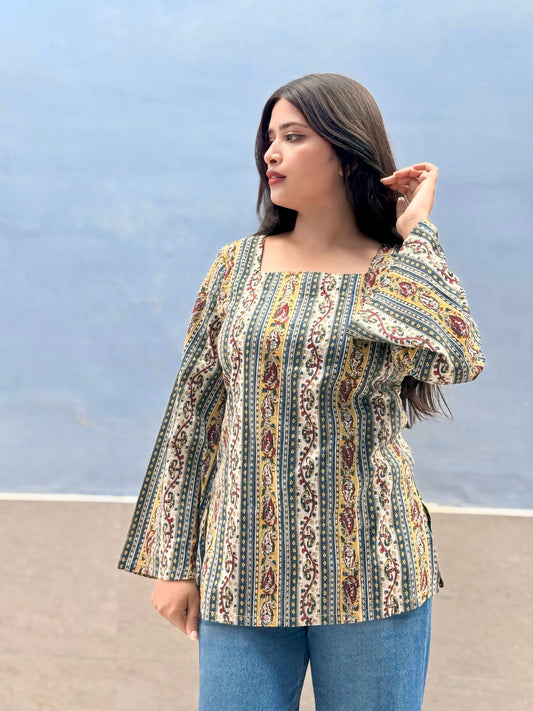Printed Kantha Stitch Cotton Short Kurti