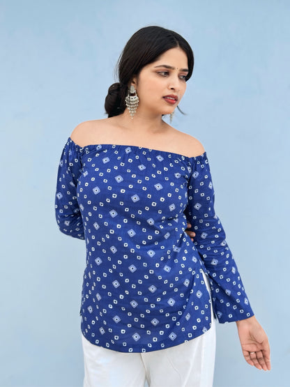 💙 Off-Shoulder Blue Printed Cotton Short Kurti