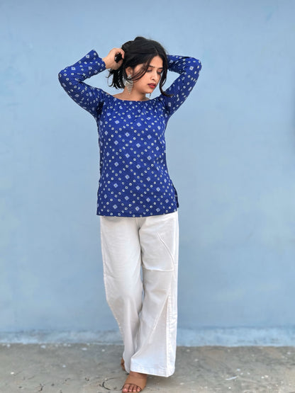 💙 Off-Shoulder Blue Printed Cotton Short Kurti