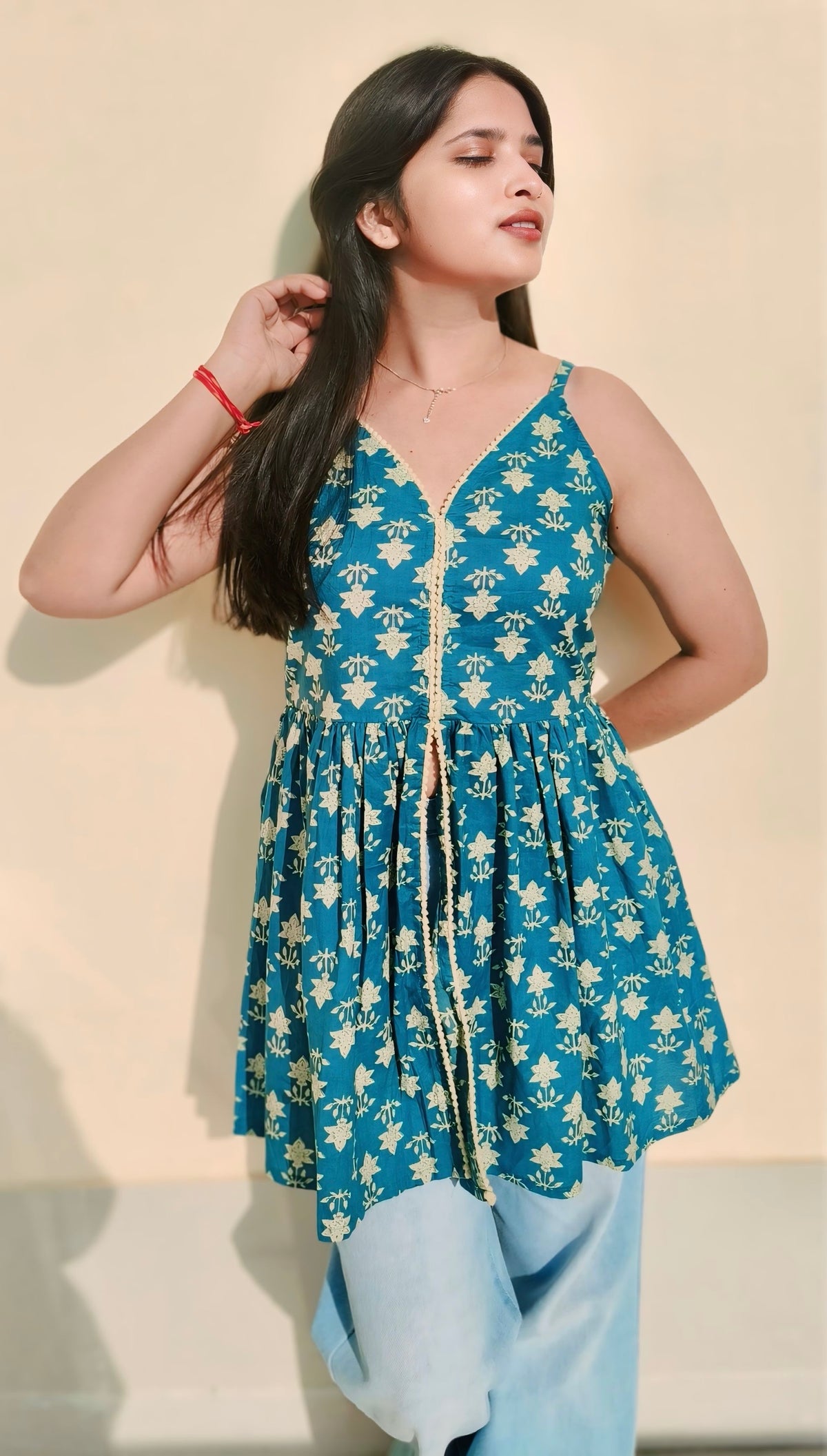 Teal Blue Printed Cotton Peplum Top