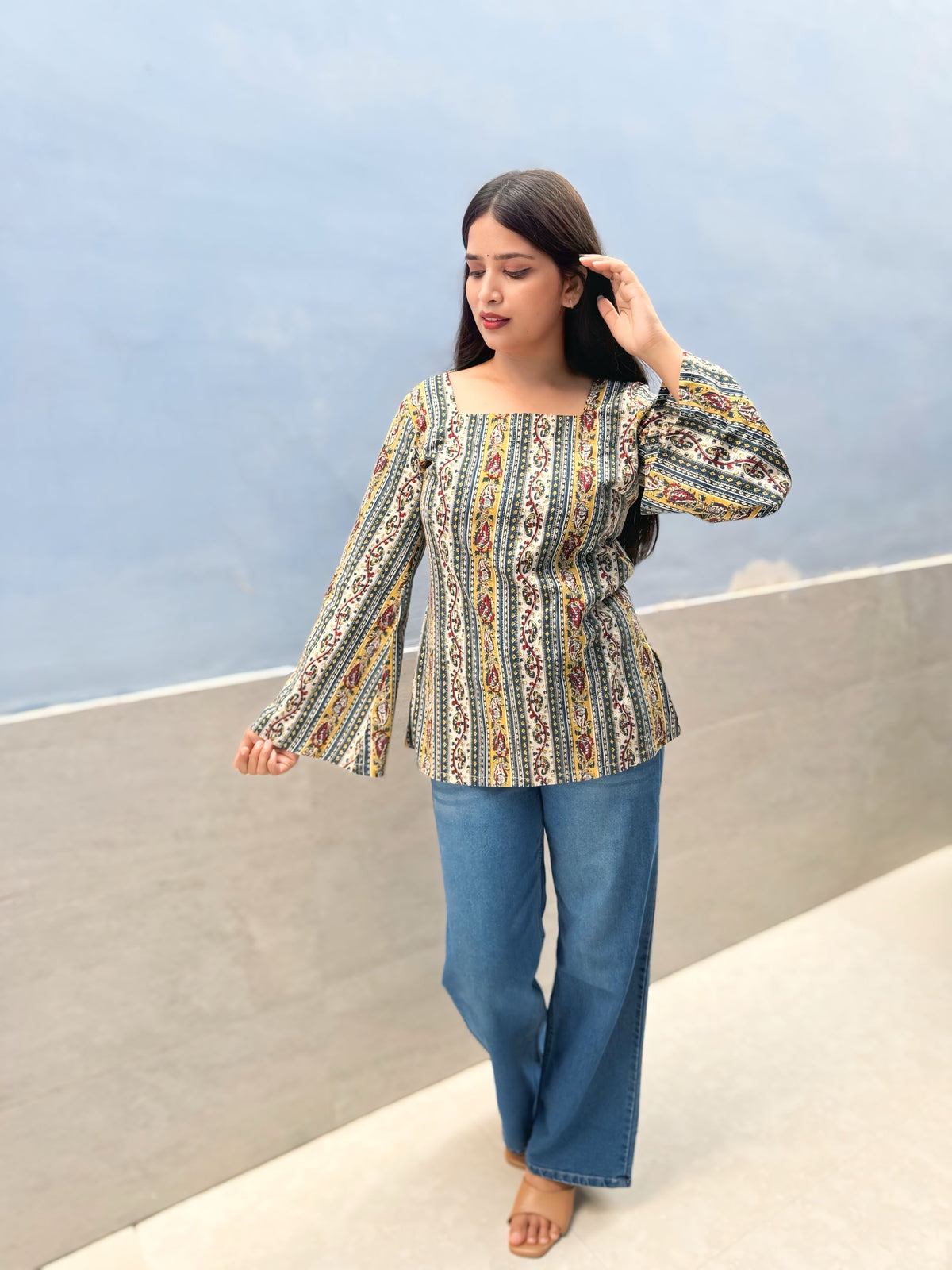 Printed Kantha Stitch Cotton Short Kurti