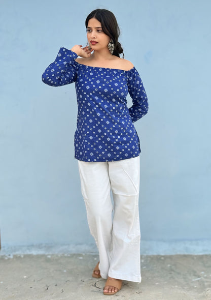 💙 Off-Shoulder Blue Printed Cotton Short Kurti