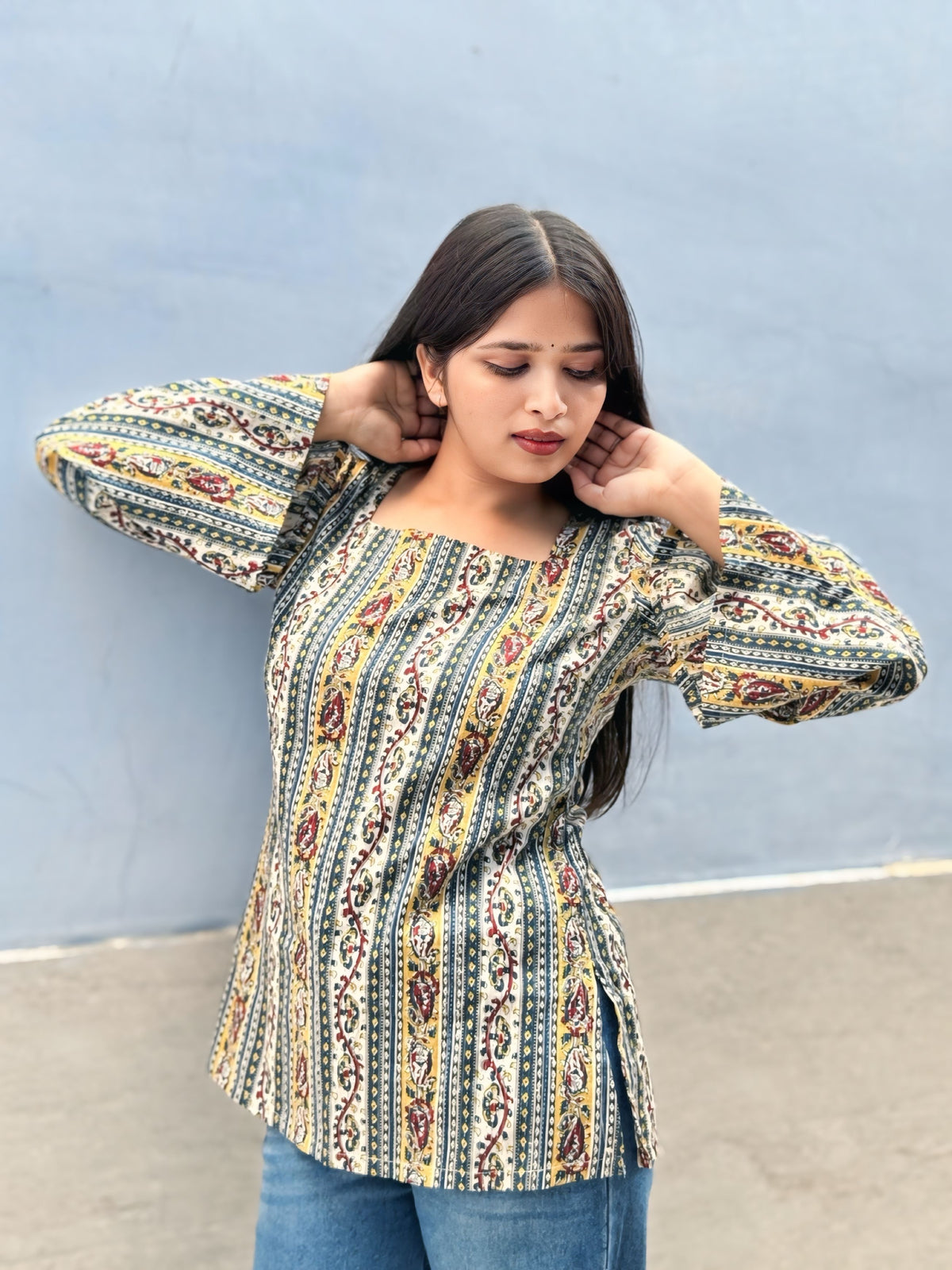 Printed Kantha Stitch Cotton Short Kurti
